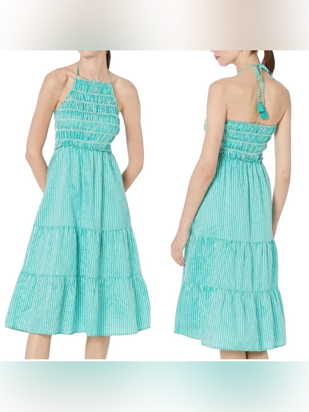 BB Dakota SM Teal Green & White Vertical Striped Halter Midi Dress Sz S
